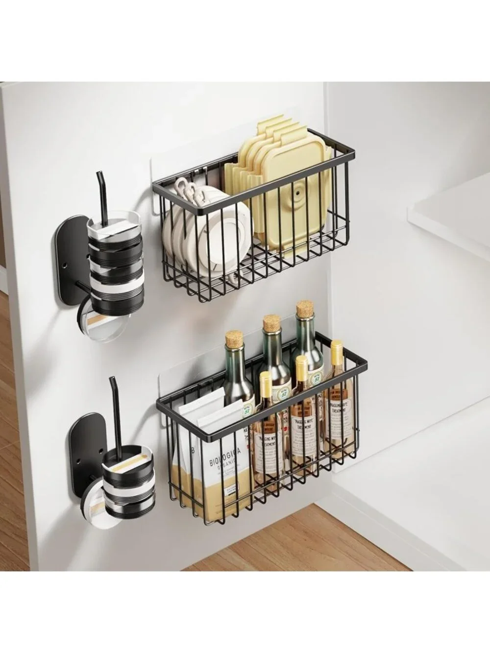 New Black 4 Pack Adhesive Cabinet Door Lid Organizer Wall Mount Basket Set